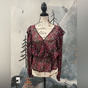 SO Burgundy Sheer Wrap Ruffle Blouse M